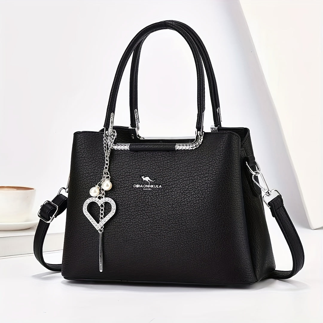 Elegant Ladies Handbag With Exquisite Charm, Premium Hardware, Multi-Layered Large Capacity, Fashionable Tote & Crossbody Bag, Litchi Pattern PU Leather, For Daily & Office Use