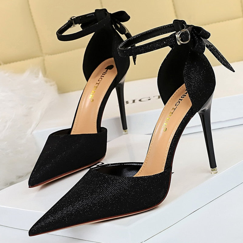 BIGTREE Shoes Sequin Cloth Women Sandals High Heels Bow Sandals 2022 New Summer Sandals Women Pointed Toe Ladies Heeled Sandals