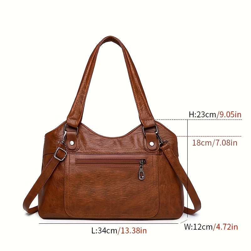 Retro Solid Color Tote Bag, Large Capacity Crossbody Bag, Women's PU Leather Shoulder Bag