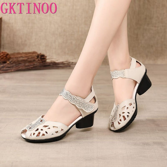 GKTINOO 2021 Summer Genuine Leather Shoes Gladiator Sandals Women 5cm High Heels Classic Black Peep Toe Hollow Ladies Sandals