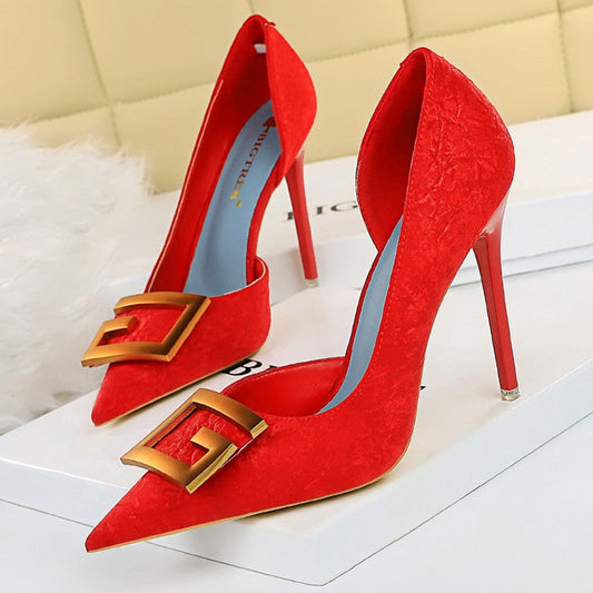 BIGTREE Shoes Red Green Black Woman Pumps Metal Square Buckle Women Heels Sexy Banquet Shoes Pointed Toe Stiletto Plus Size 43