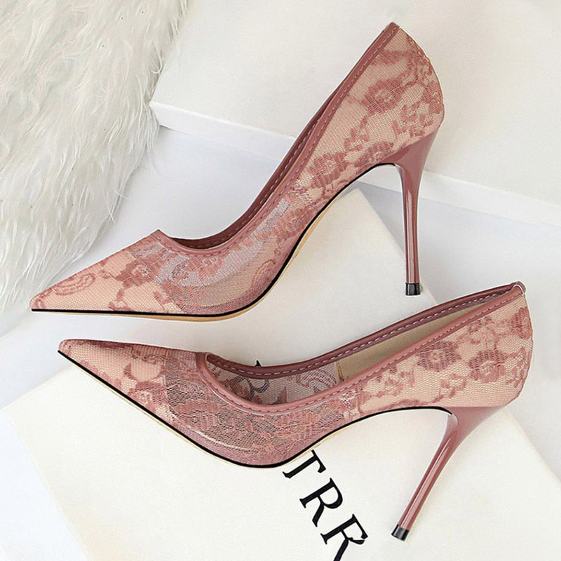 BIGTREE Shoes Mesh Hollow Lace Woman Pumps 2022 Spring Women Heels Sexy Party Shoes Thin Stiletto Heels Women Shoes 6 Colour