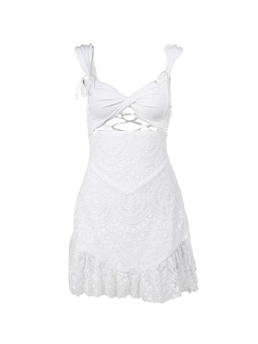 nvxiot Tie Up Cutout Backless Embroidery Lace Mini Dress