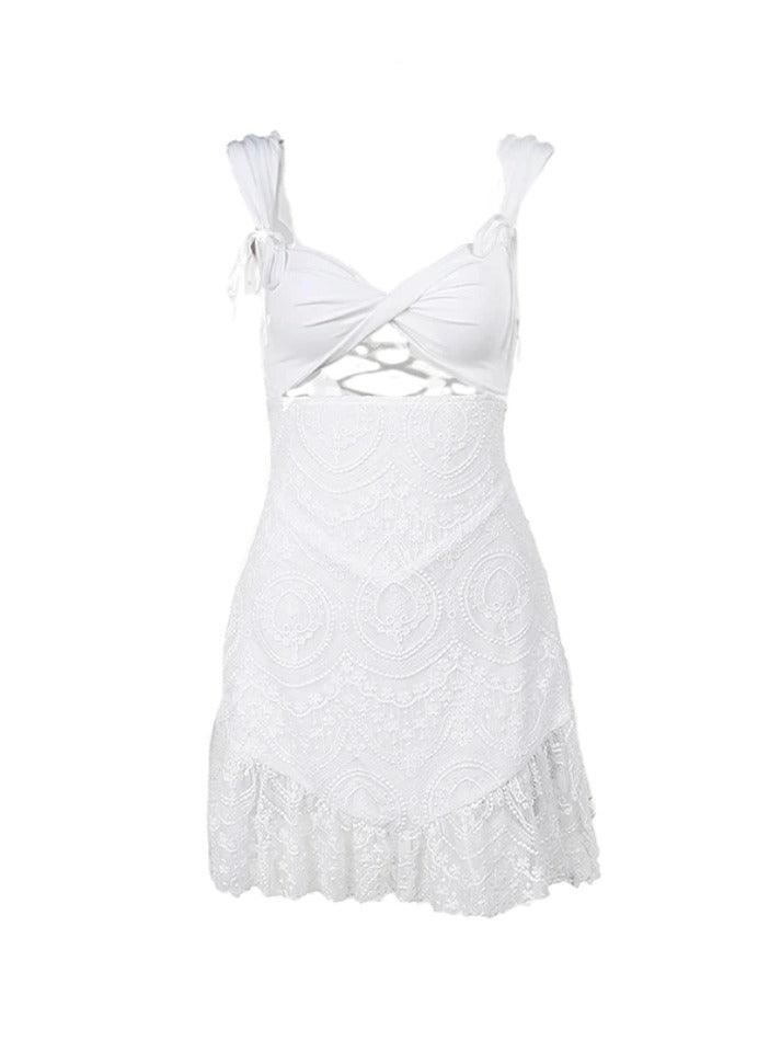 nvxiot Tie Up Cutout Backless Embroidery Lace Mini Dress