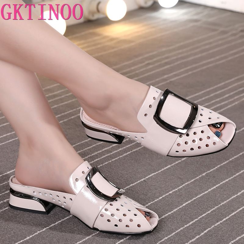 GKTINOO Women Slipper's 2021 Ladies Summer Slippers Shoes Women Low Heels Fashion Mules Summer Shoes Genuine Leather Large Size