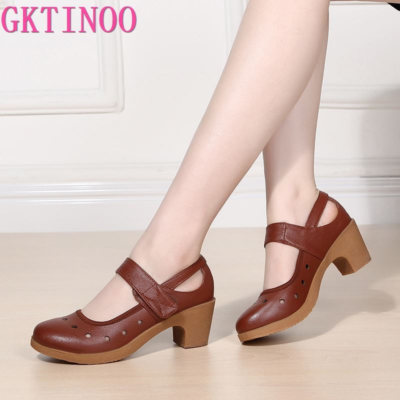 GKTINOO 2021 Cut Out Women Pumps Breathable Women Shoes Hook&Loop Thick High Heels Soft Mary Janes Dancing Shoes Leather