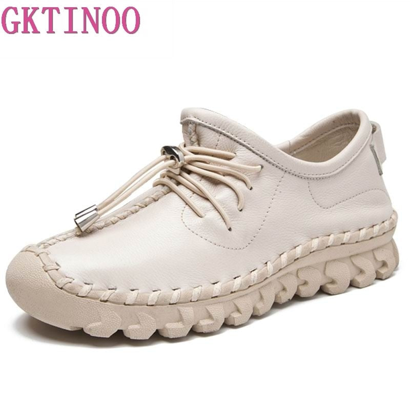 GKTINOO Oxford Sewing Flats Women's Loafers Shoes Woman Female Lace Up Genuine Leather Rubber Soles Casual Shoes