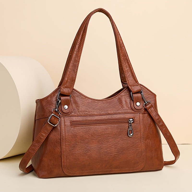 Retro Solid Color Tote Bag, Large Capacity Crossbody Bag, Women's PU Leather Shoulder Bag