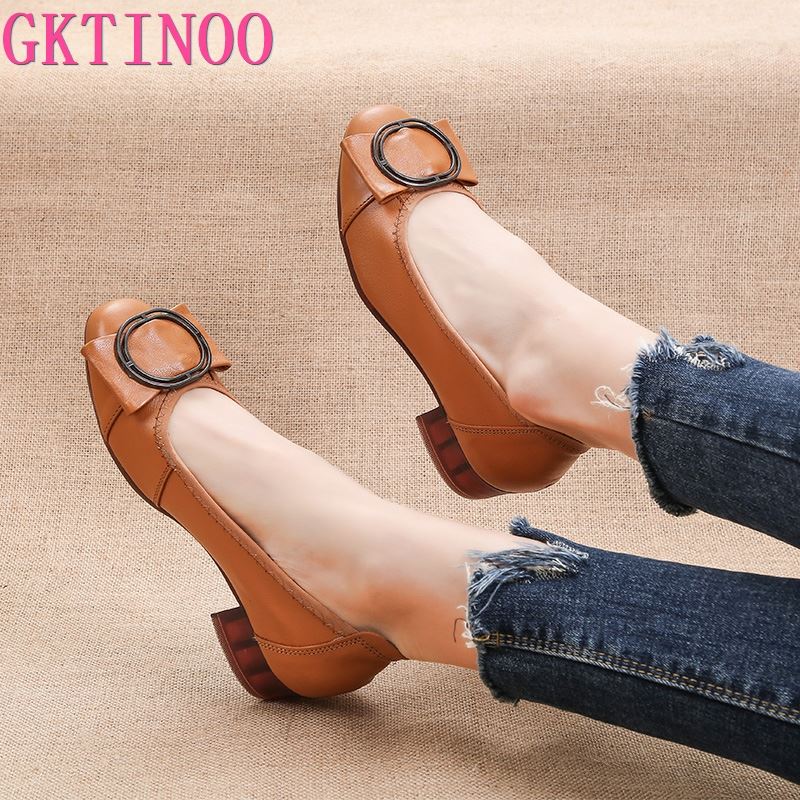 GKTINOO 2021 Genuine Leather Square Toe Pumps Women Shoes Low Heel Shallow Round Buckle Slip-On Leather Casual Shoes For Women