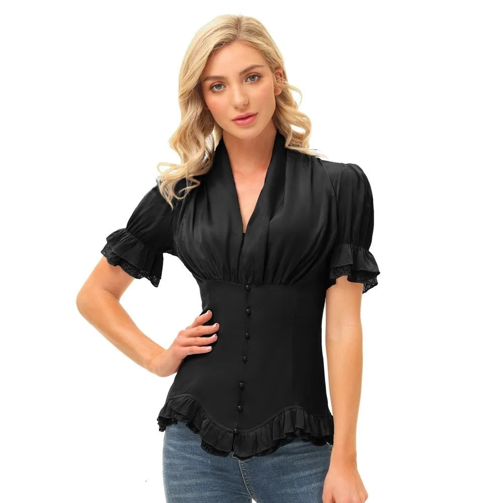 Women's Blouses Shirts Summer Shirts Women Victorian Slim Pleat Tops Gothic Renaissance Short Puff Sleeve V-Neck Lace-up Ruffle Retro Blouse Lady A20 230530