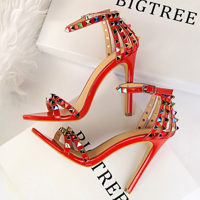 BIGTREE Shoes Color Rivets Women Sandals Roman Style Heeled Sandals Hollow Out High Heels Stiletto Sexy Party Shoes Sandals