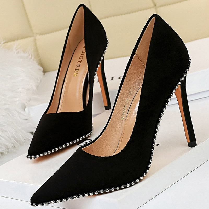 BIGTREE Shoes Rivet Woman Pumps 2021 New High Heels Stiletto Pu Leather Women Heels Sexy Party Shoes Female Heel Plus Size 43