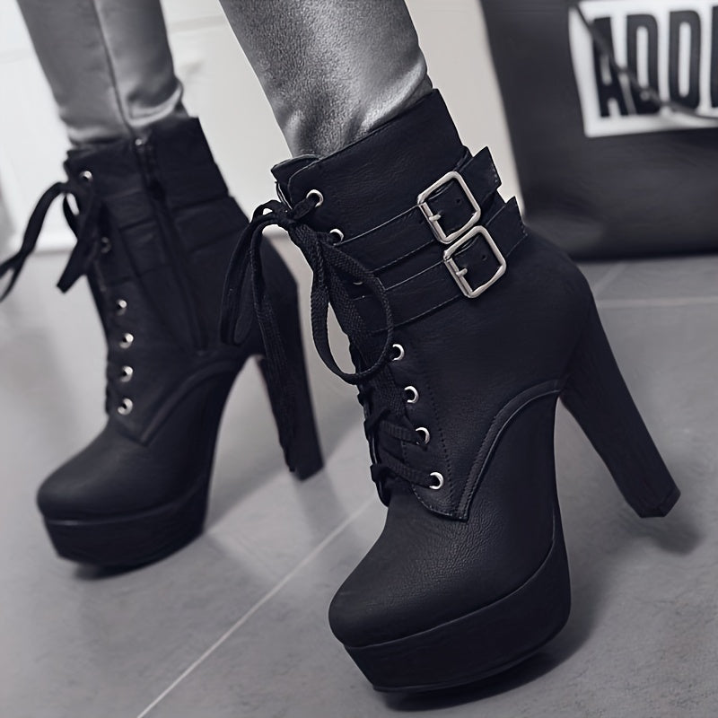 Women's Platform Heeled Boots, Fashion Solid Color Lace Up High Heels, Buckle Strap Block Heeled Ankle Boots