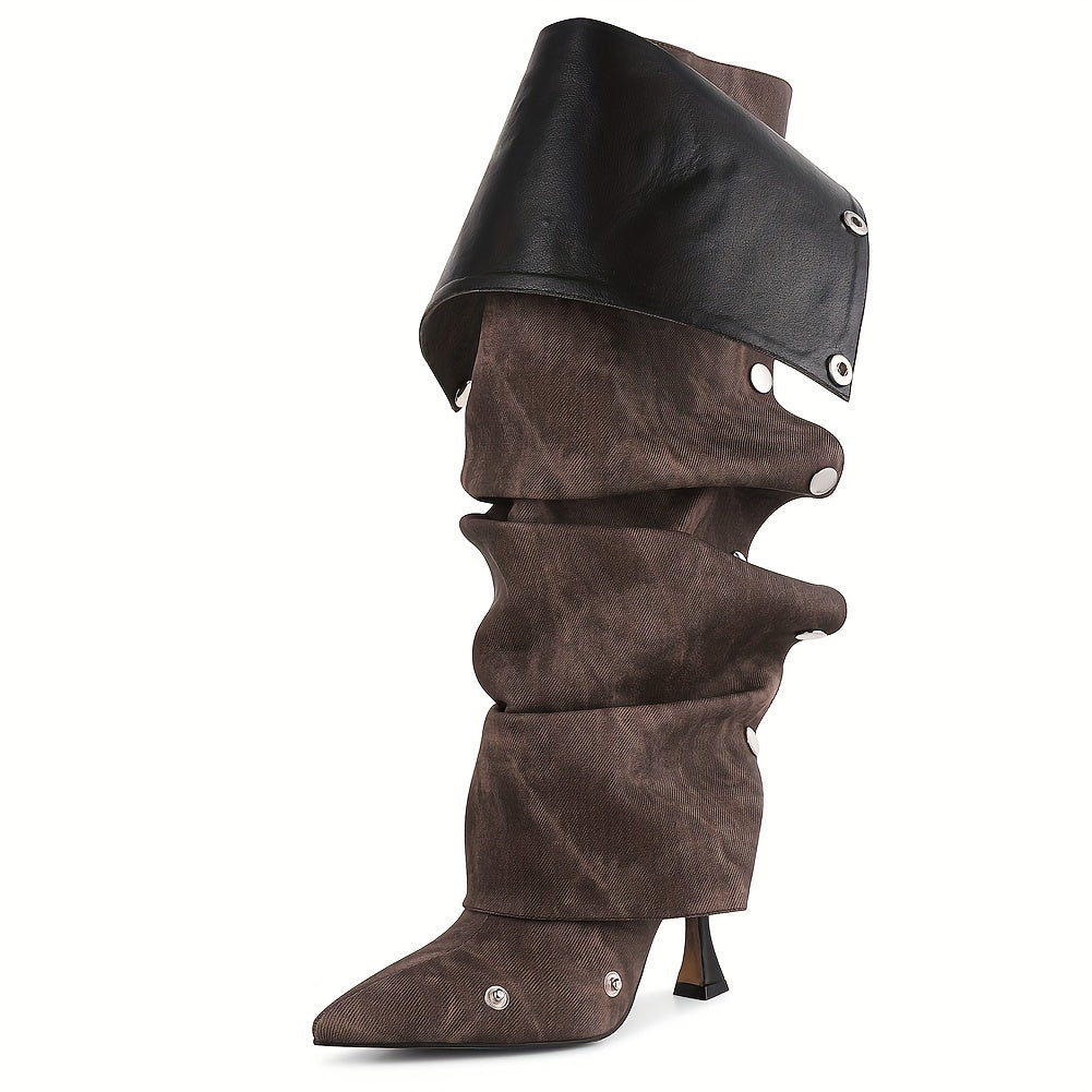 Womens Trendy Slouchy Stiletto Boots - Pointed Toe High Heels with Detachable Zipper - Rear Entry Party & Jeans Companion