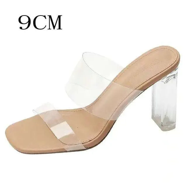 New Fashion High Transparent Sandals Women's Summer Chunky Heels Crystal Slippers Outside Wear Kq8