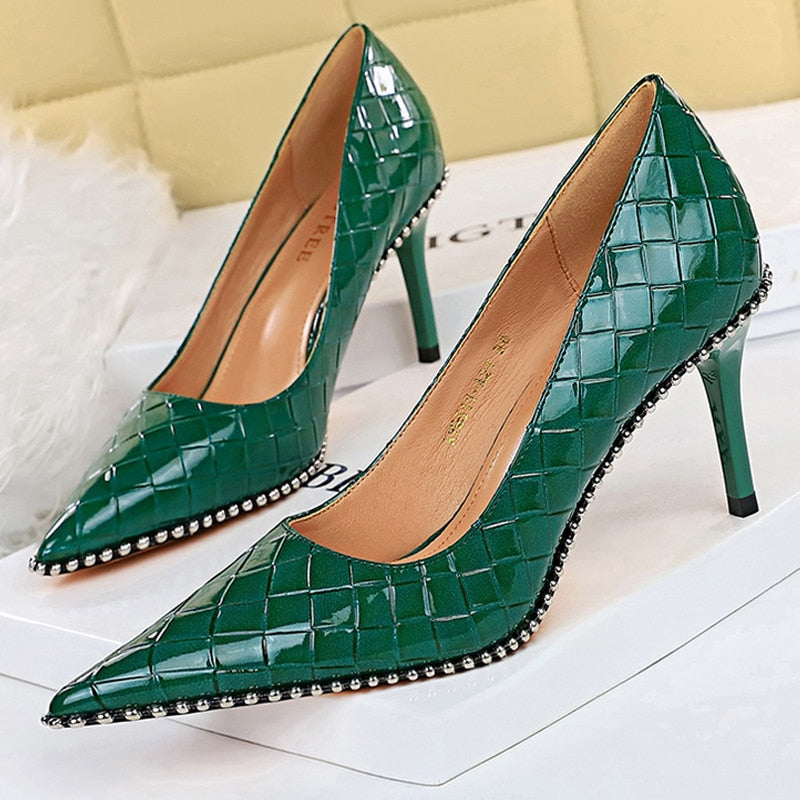 BIGTREE Shoes Quality High Heels Women Pumps Rivet Metal Chain Women Heels Stiletto 2022 Luxury Banquet Shoes Pumps Female Shoes