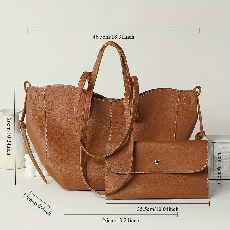 Chic Vintage-Inspired Tote Bag with Bonus Wallet - Magnetic Closure, Fixed Strap, Faux Leather in Light Brown/Cream/Black