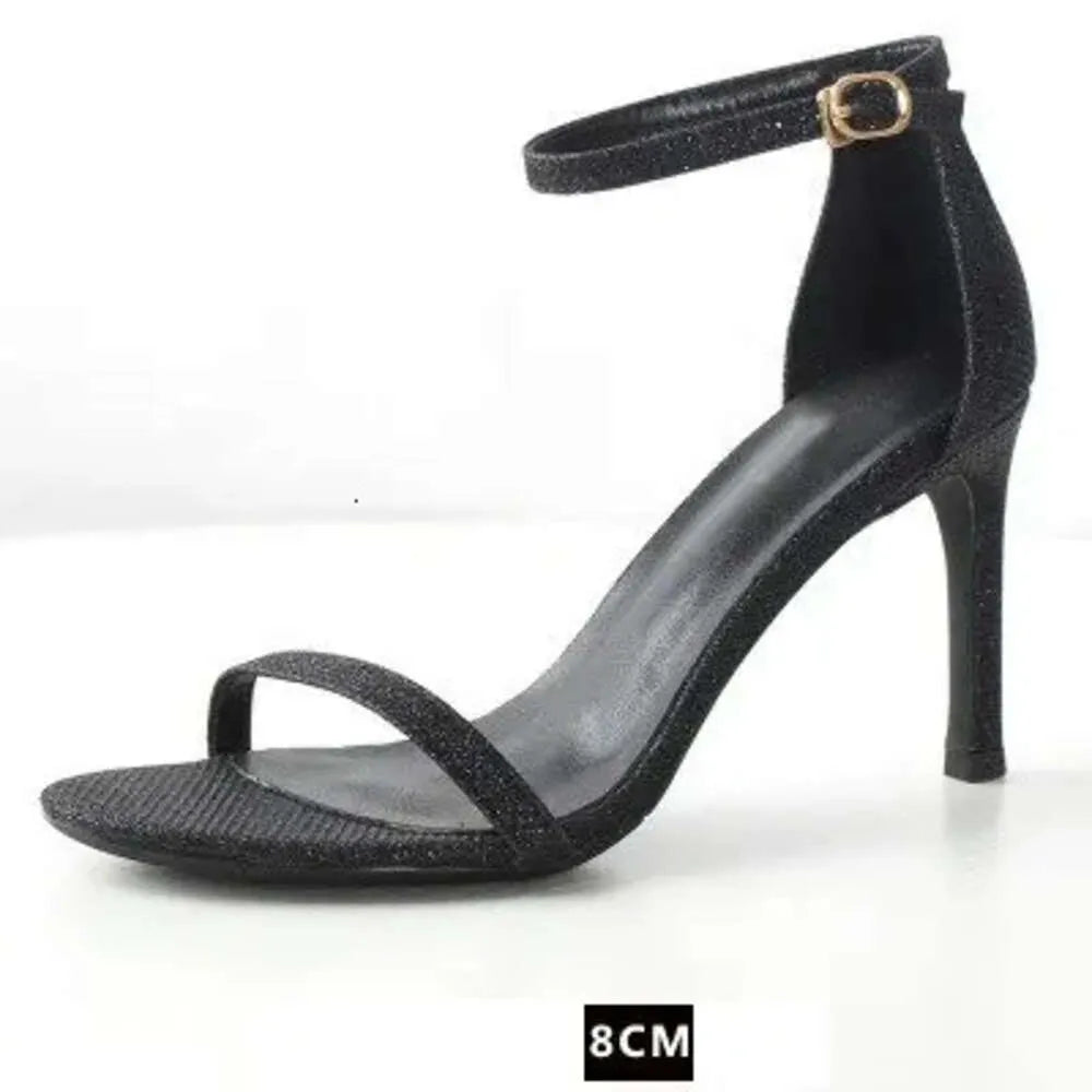 Summer New Fine Heel Black Suede High Heels Chic Fairy Wind One Word Buckle Sandals Female Kq8