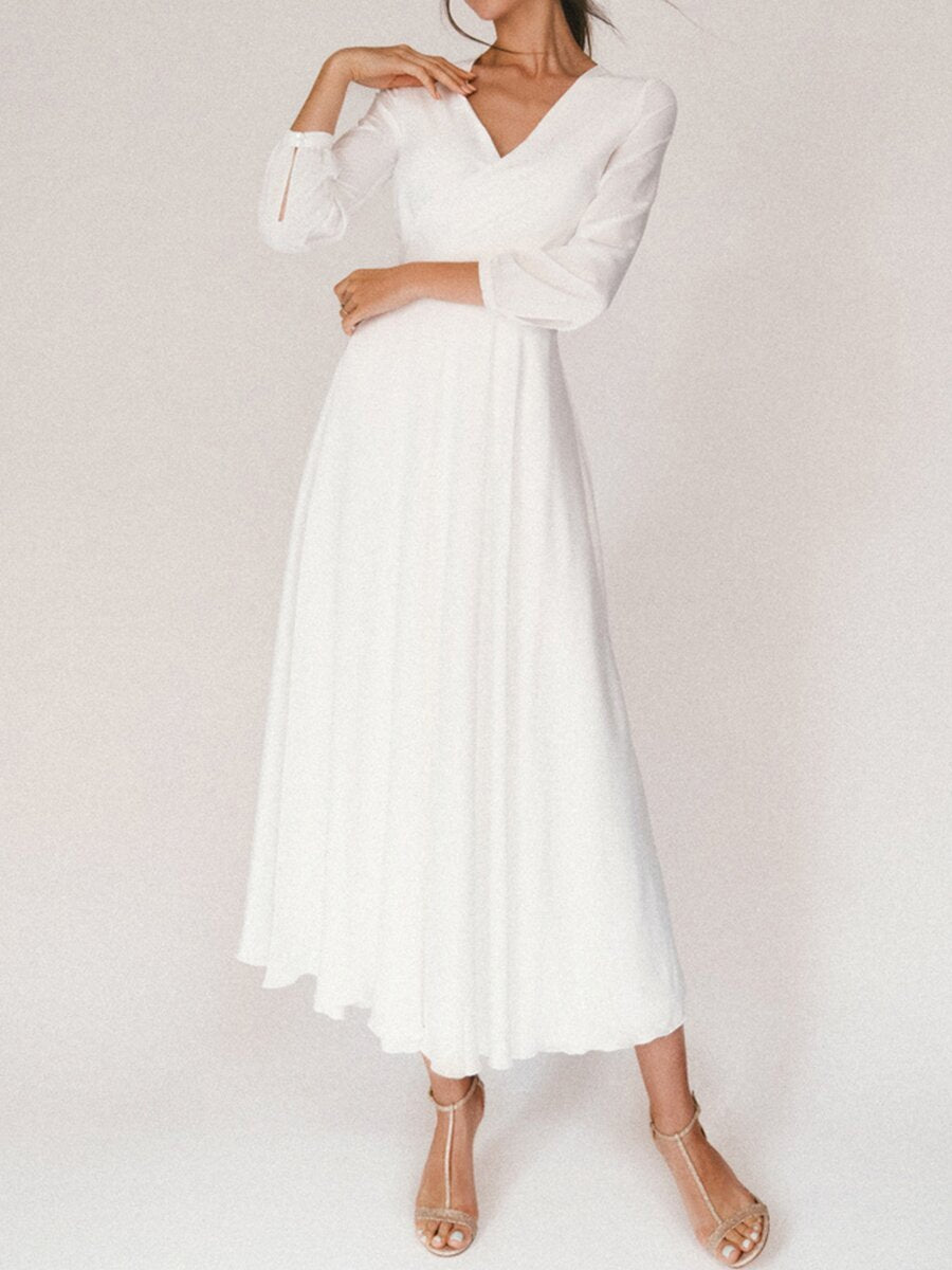 nvxiot White retro V-neck long sleeve dress