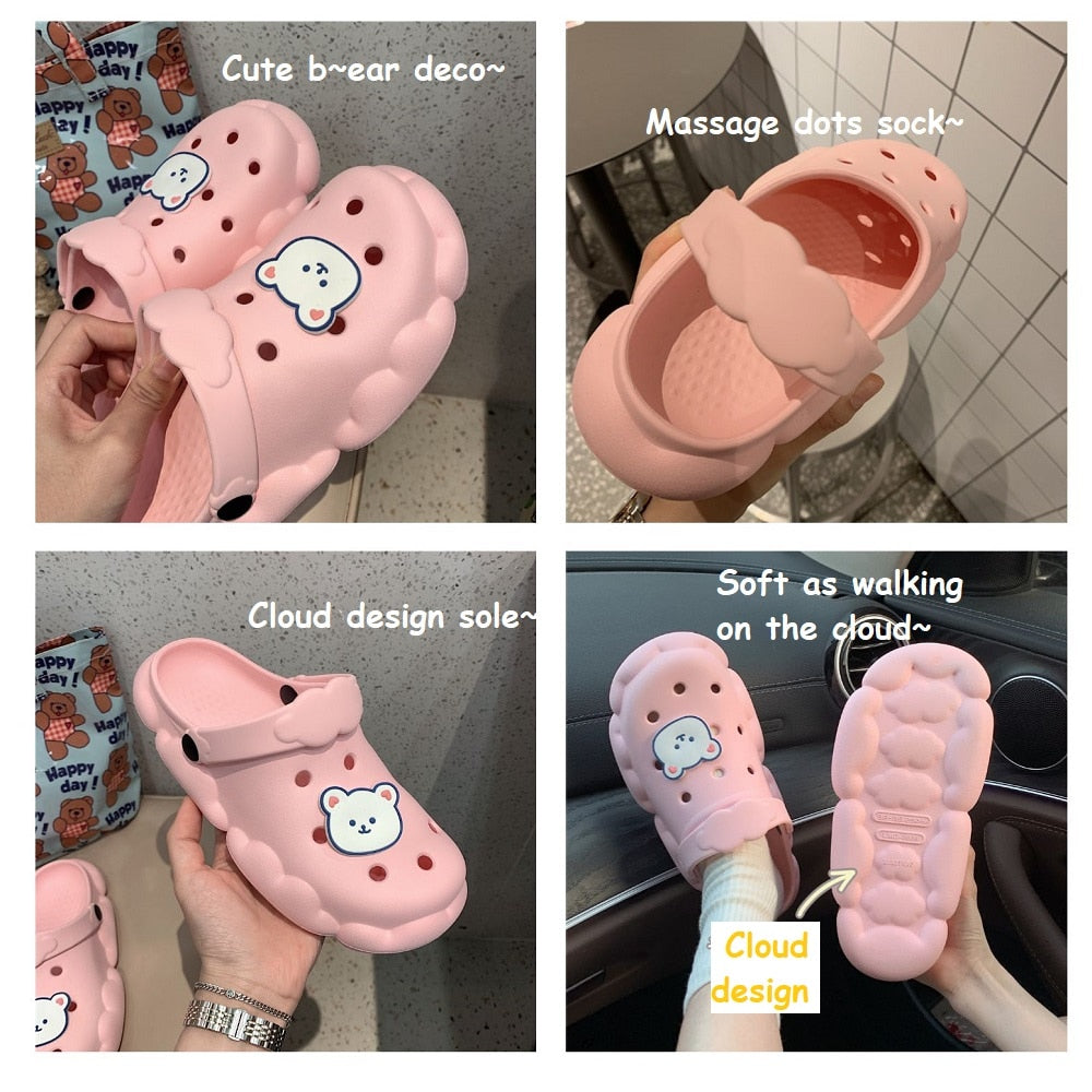 Summer Slippers for Beach DIY Hole Shoes Cartoon Bear Women's Shoes Antislip Soft Cloud Sole Holiday Female Flipflop Sandals