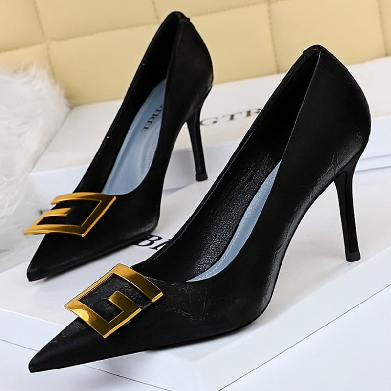 BIGTREE Shoes Metal Square Buckle Women Pumps Fashion Pumps Women High Heels Stiletto 8.5 Cm Elegant Banquet Shoes Women Heels