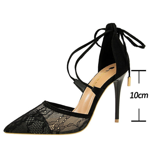 BIGTREE Shoes Woman Pumps Mesh Lace High Heels Sexy Party Shoes Hollow Out Cross Straps Women Sandals Stiletto Heels Women Shoes