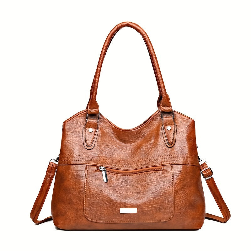 Luxurious Vintage-Style PU Leather Tote Bag - Adjustable Shoulder Strap, Zipper Closure, Spacious Interior, Stylish Design - Perfect for Office, Travel, Daily Commute, and Everyday Essentials