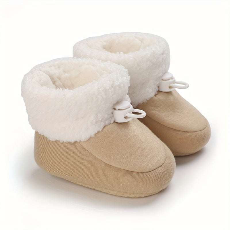 Ankle-High Crib Shoes for Baby Girls - Soft, Warm, Fleece-Lined, Hook-and-Loop Fastener, Round Toe, Platform Heel, Fabric Upper, Indoor Walking Boots for Fall and Winter Season