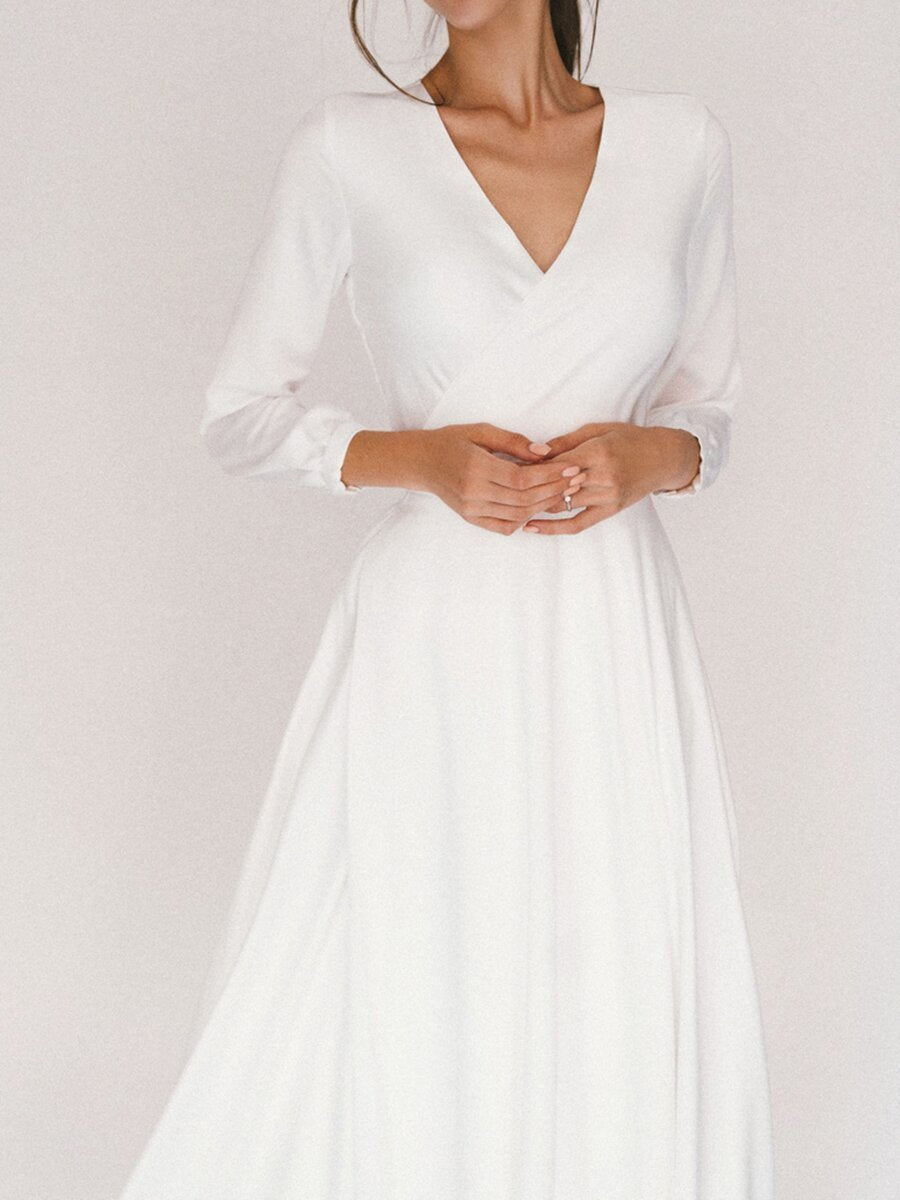 nvxiot White retro V-neck long sleeve dress