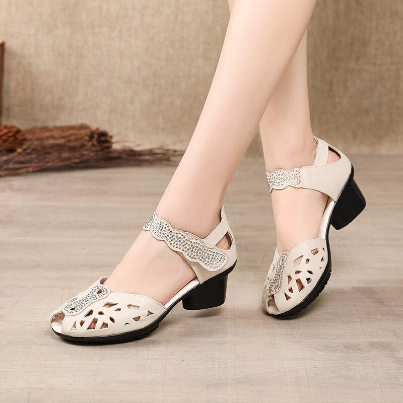 GKTINOO 2021 Summer Genuine Leather Shoes Gladiator Sandals Women 5cm High Heels Classic Black Peep Toe Hollow Ladies Sandals