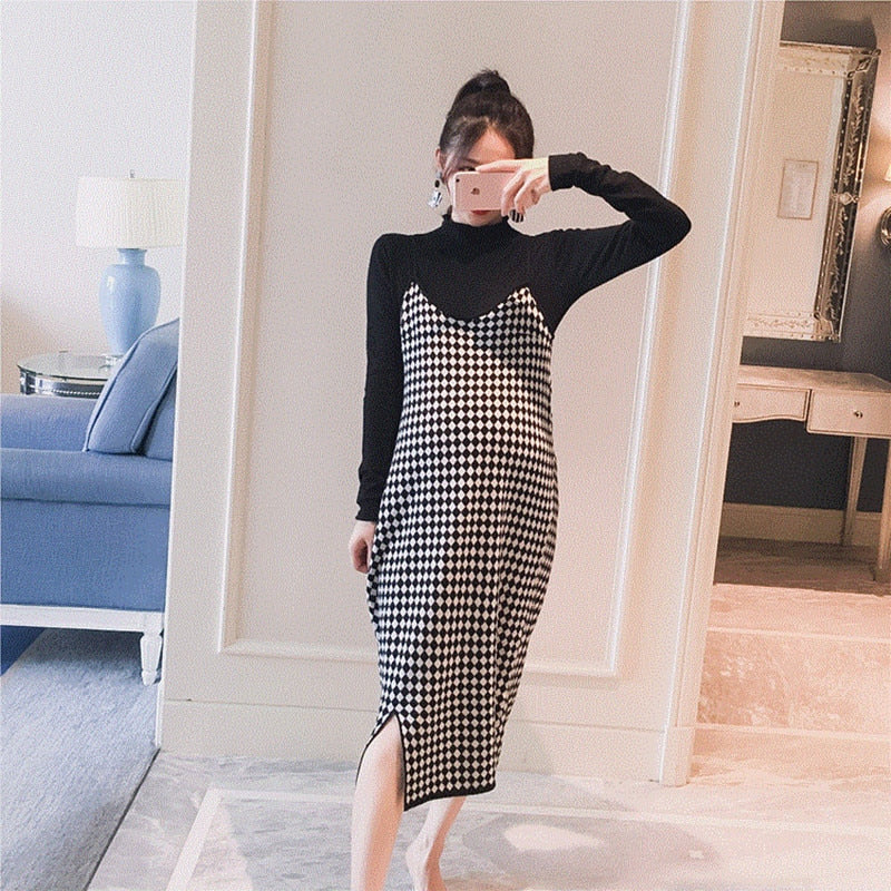 nvxiot 2PCS/Set Black Knitted Maternity Bottoming Shirts Sling Plaid Dress Autumn Korean Fashion For Pregnant Women Pregnancy Clothes