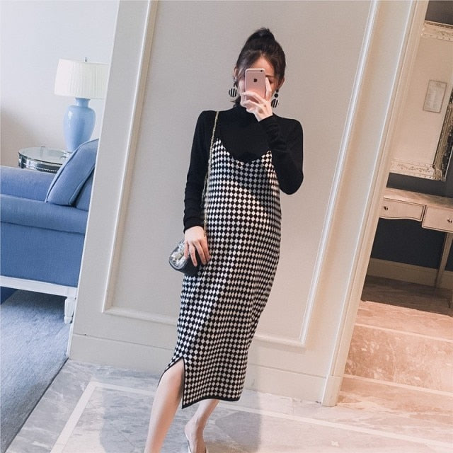 nvxiot 2PCS/Set Black Knitted Maternity Bottoming Shirts Sling Plaid Dress Autumn Korean Fashion For Pregnant Women Pregnancy Clothes