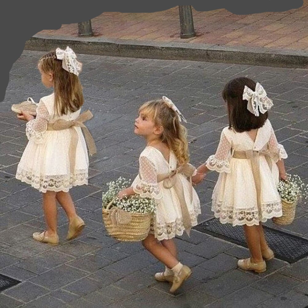 nvxiot Spring Toddler Baby Girls Party Lace Dress Fashion Bridesmaid White Kids Knee-Length Long Sleeve Bow Wedding Princess Dresses