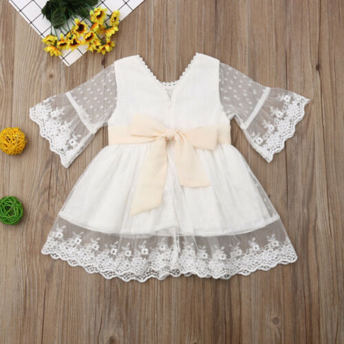 nvxiot Spring Toddler Baby Girls Party Lace Dress Fashion Bridesmaid White Kids Knee-Length Long Sleeve Bow Wedding Princess Dresses