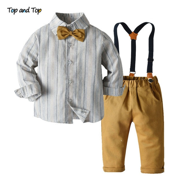 Top and Top Boys Clothing Sets Springs Autumn New Kids Boys Long Sleeve Plaid Bowtie Tops+Suspender Pants Casual Clothes Outfit