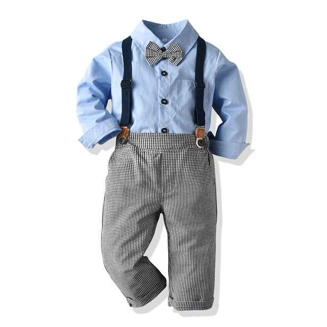 Top and Top Boys Clothing Sets Springs Autumn New Kids Boys Long Sleeve Plaid Bowtie Tops+Suspender Pants Casual Clothes Outfit