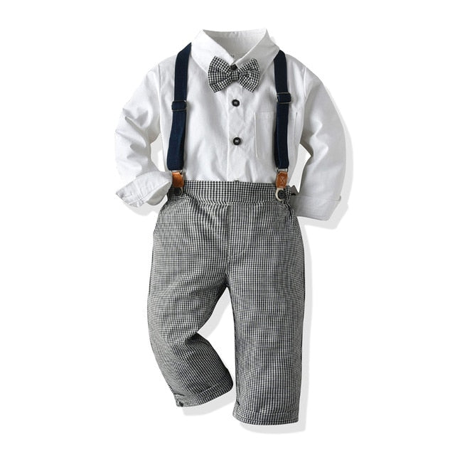 Top and Top Boys Clothing Sets Springs Autumn New Kids Boys Long Sleeve Plaid Bowtie Tops+Suspender Pants Casual Clothes Outfit