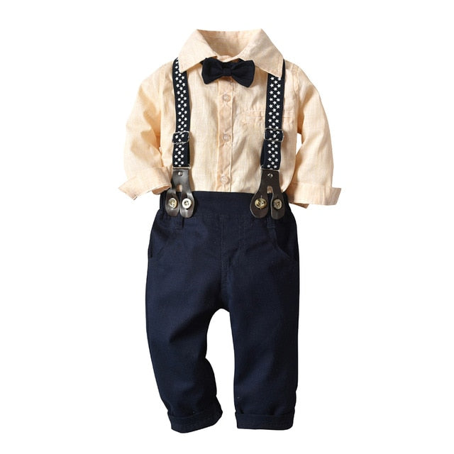 Top and Top Boys Clothing Sets Springs Autumn New Kids Boys Long Sleeve Plaid Bowtie Tops+Suspender Pants Casual Clothes Outfit