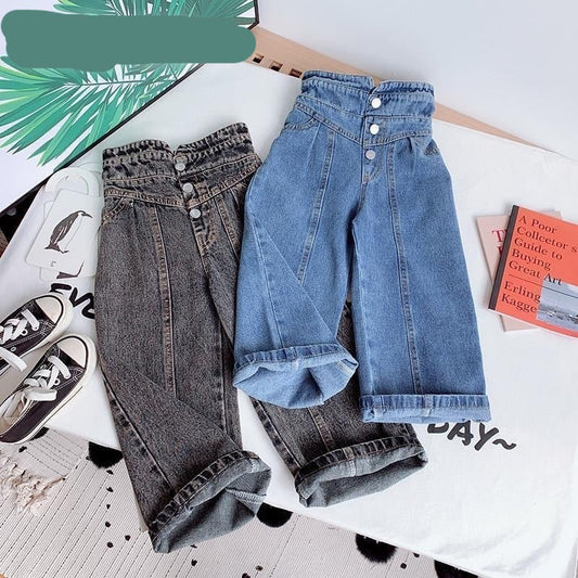 nvxiot Spring Autumn Girls Jeans Baby Denim Pants Kids Wide Leg Trousers Children Bottoms Streetwear High Waist Bud Buttons 3 To 14 Yrs