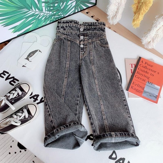 nvxiot Spring Autumn Girls Jeans Baby Denim Pants Kids Wide Leg Trousers Children Bottoms Streetwear High Waist Bud Buttons 3 To 14 Yrs