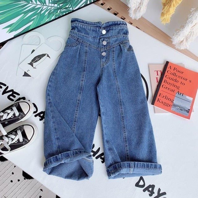 nvxiot Spring Autumn Girls Jeans Baby Denim Pants Kids Wide Leg Trousers Children Bottoms Streetwear High Waist Bud Buttons 3 To 14 Yrs