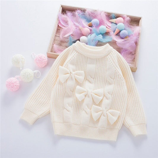 nvxiot Fall Cute Sweater Bow Tie Knit Little Girls Clothes Fashion Korean Pullover Sweater Children Outfits Warm Winter Tops