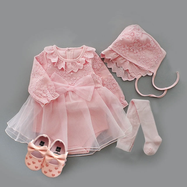 Newborn Baby Girl Dresses Clothes For 0-3 Month Set Party Birthday Dress Outfits 0-1 Years Shoes & Long Socks Christening