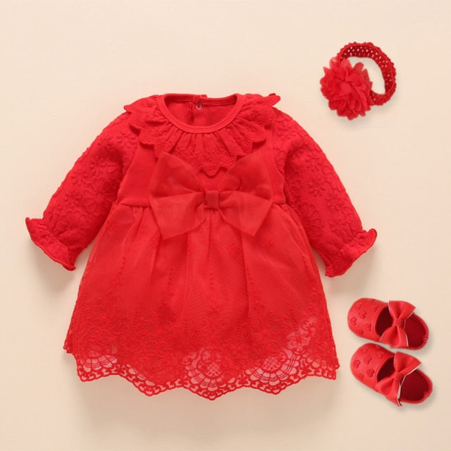 Newborn Baby Girl Dresses Clothes For 0-3 Month Set Party Birthday Dress Outfits 0-1 Years Shoes & Long Socks Christening