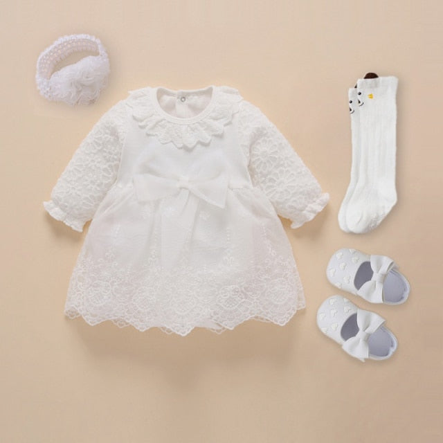 Newborn Baby Girl Dresses Clothes For 0-3 Month Set Party Birthday Dress Outfits 0-1 Years Shoes & Long Socks Christening