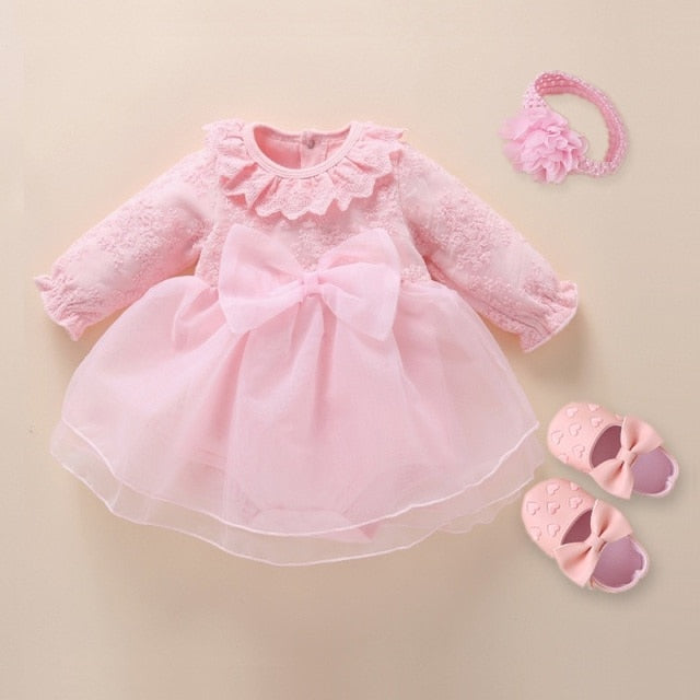 Newborn Baby Girl Dresses Clothes For 0-3 Month Set Party Birthday Dress Outfits 0-1 Years Shoes & Long Socks Christening