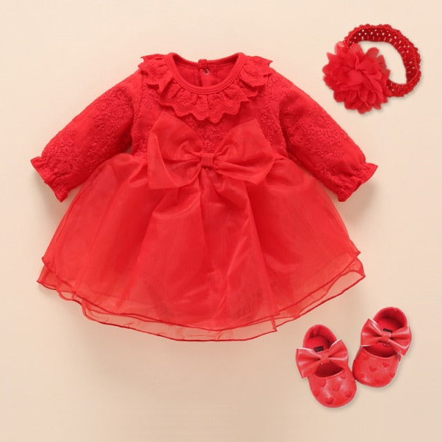 Newborn Baby Girl Dresses Clothes For 0-3 Month Set Party Birthday Dress Outfits 0-1 Years Shoes & Long Socks Christening