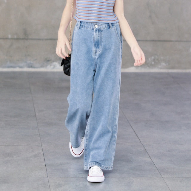 nvxiot Teenage Girls Jeans Spring Summer Casual Fashion Loose Blue Kids Leg Wide Pants School Children Trousers 6 8 10 12 Year