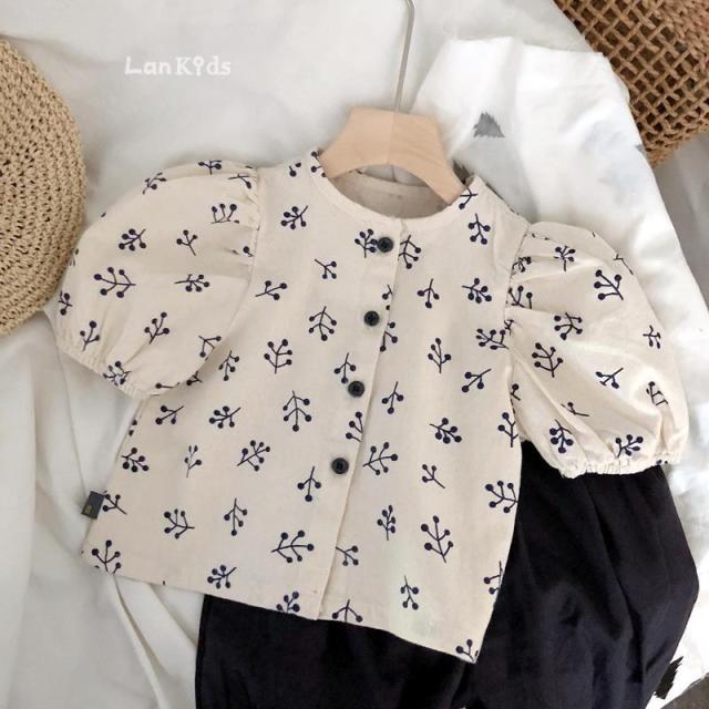 nvxiot summer new girl Korean style summer puff sleeve linen cotton short-sleeved shirt girl baby small fresh floral blouse P4267