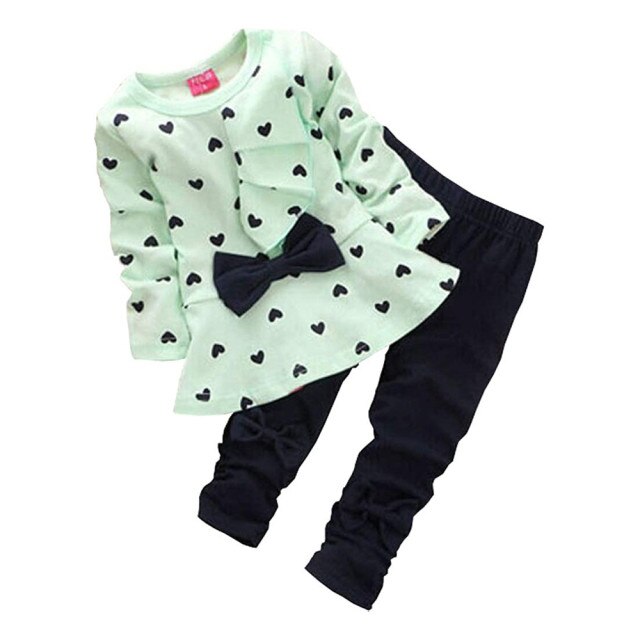 Spring and Autumn Heart Print Baby Girls Infant Clothing Set Bow Long Sleeve T Shirt Pants Kids Toddler Children Tops Outfits